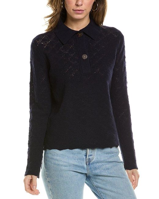 Vince Black Lace Stitch Polo Wool & Cashmere-blend Sweater