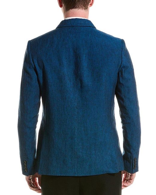 John Varvatos Blue Slim Fit Double-breasted Suede-trim Linen Blazer for men