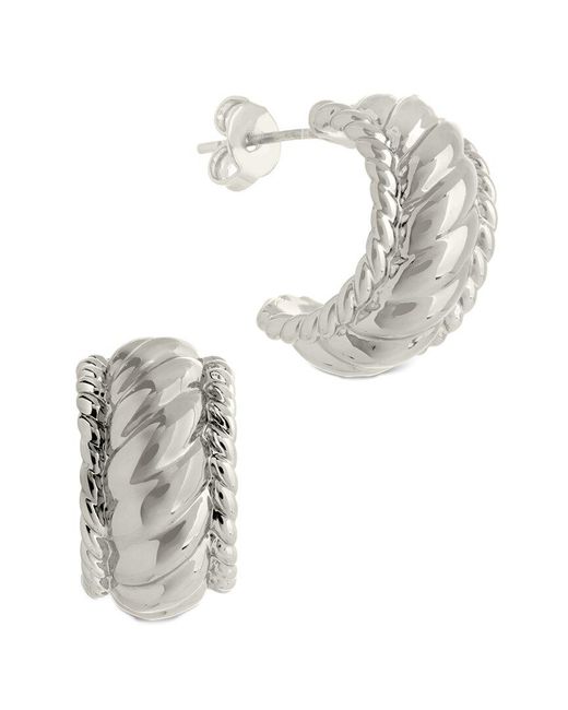 Sterling Forever White Rhodium Plated Kalina Quilted Huggie Hoops