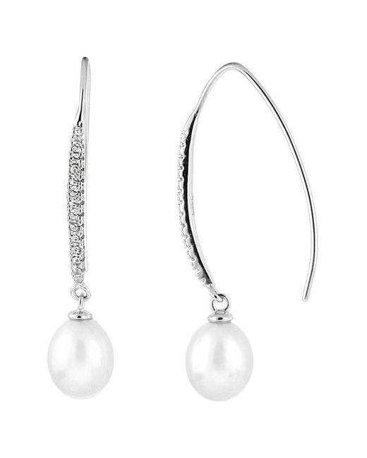 Splendid White Rhodium Plated Silver 7-7.5mm Freshwater Pearl & Cz Drop Earrings