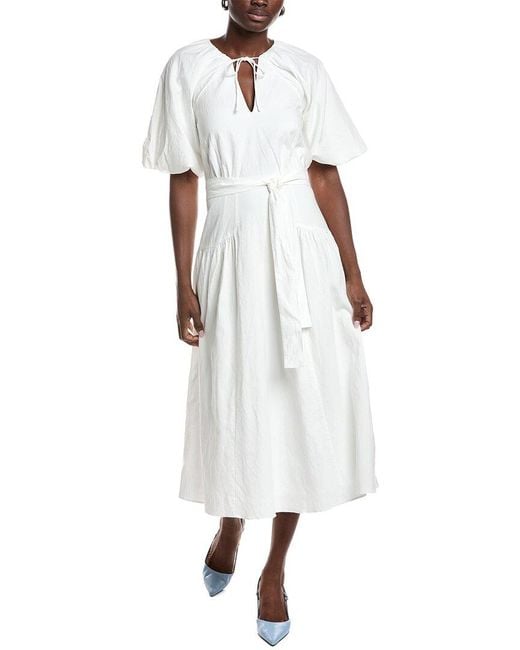 Reiss White Alice Linen-Blend Puff Sleeve Dress