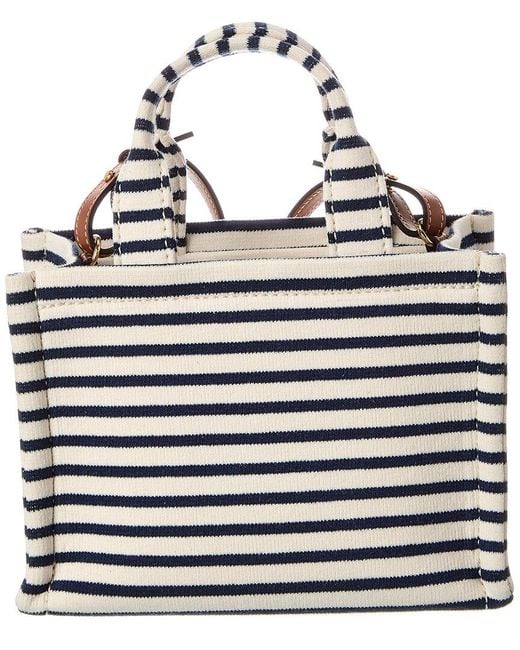 Céline White Mini Cabas Striped Triomphe Canvas & Leather Tote