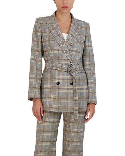 BCBGMAXAZRIA Gray Plaid Double-breasted Belted Blazer