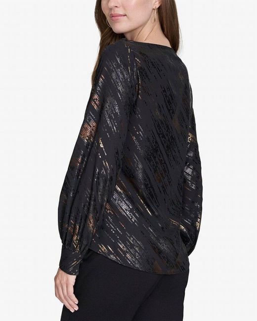 Halston Heritage Black Printed Boat Neck Top