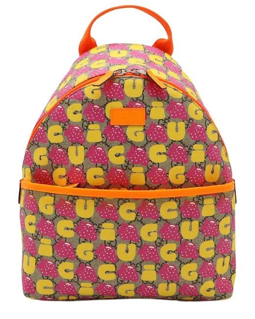 Gucci Orange Beige Gg Supreme Canvas Strawberry Print Backpack (authentic Pre-loved)