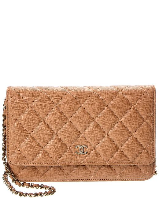 Chanel Brown Beige Quilted Caviar Leather Wallet On Chain (authentic Pre-loved)