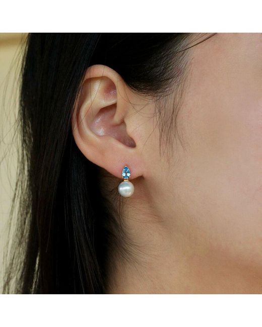 Kai Fine Jewelry Blue 14K 1.00 Ct. Tw. Topaz & 8-9Mm Pearl Drop Earrings