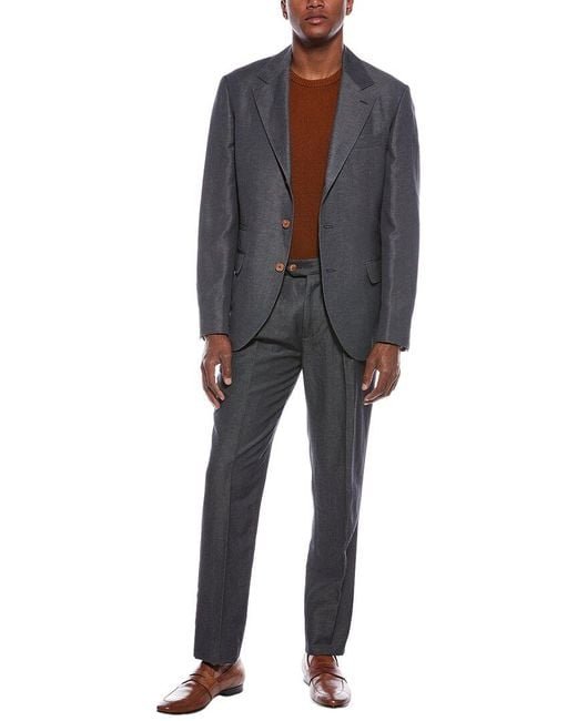 Brunello Cucinelli Blue 2Pc Wool & Linen-Blend Suit With Pleated Pant for men