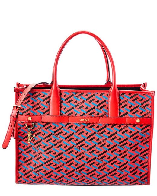 Versace La Greca Signature Coated Canvas & Leather Tote in Red | Lyst UK