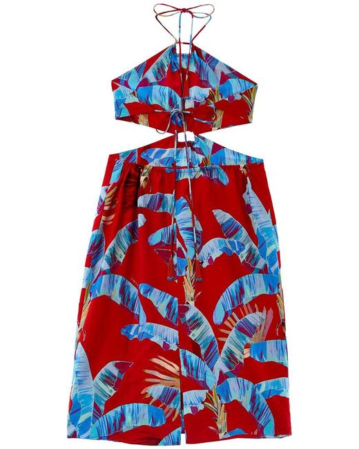 Farm Rio Red Sweet Jungle Cutout Linen-blend Midi Dress