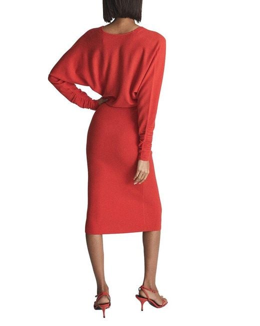 Reiss Red Jenna Ruched Sleeve Wool-blend Dress