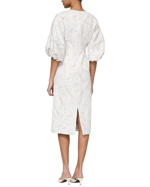 Lafayette 148 New York White Short Balloon Sleeve Silk-Blend Dress