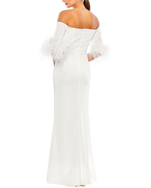 Mac Duggal White Feather Trim Off The Shoulder Column Gown