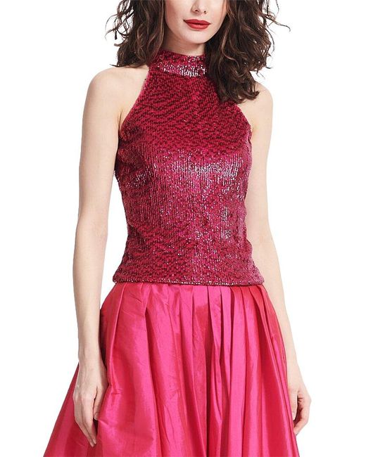 EMILY SHALANT Red Sequin Mock Neck Top