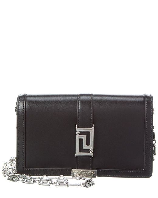 Versace Black Greca Mini Leather Wallet On Chain