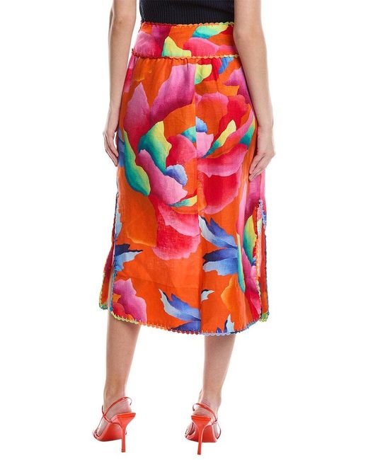 Farm Rio Red Ombre Chita Linen Midi Skirt