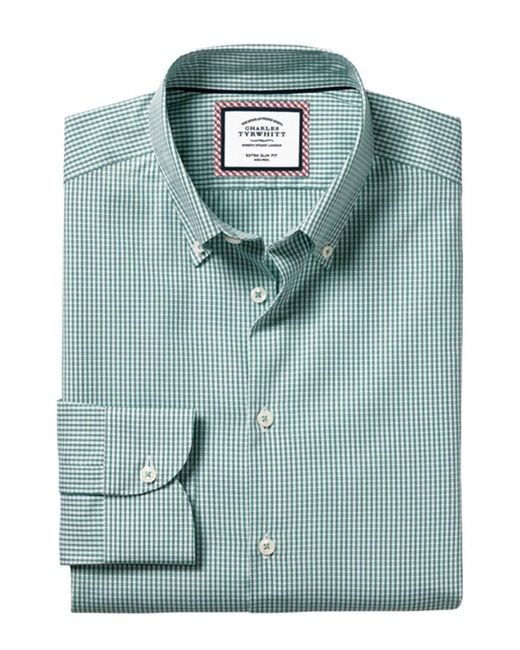 Charles Tyrwhitt Green Non-iron Button Down Check Extra Slim Fit Shirt for men