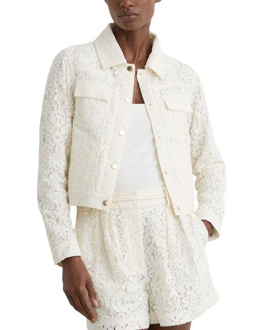 Reiss White Lori Collared Lace Press Stud Jacket