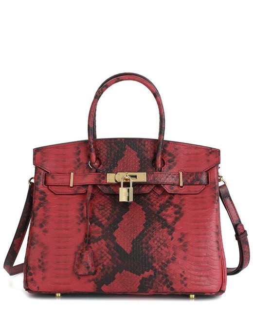 Tiffany & Fred Paris Red Large Snake-Embossed Leather Satchel