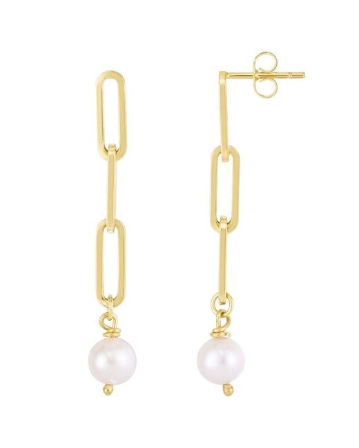 Italian Gold White 14k 8.5-9mm Pearl Paperclip Dangle Earrings