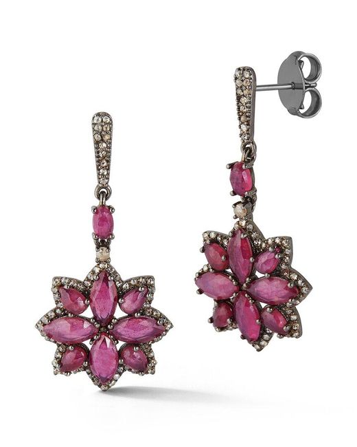 Banji Jewelry Multicolor Silver 10.15 Ct. Tw. Diamond & Glass Filled Ruby Drop Earrings