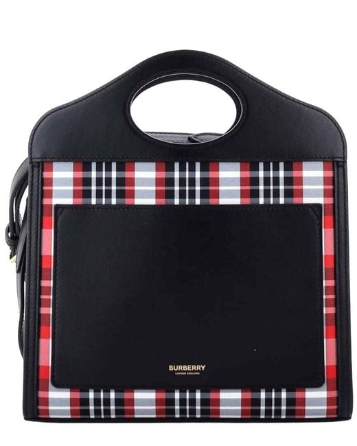 Burberry Red Black Check Canvas & Leather Logo Pocket Tote Mini (authentic Pre- Loved)