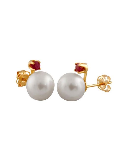 Splendid White Splendid Freshwater Pearls 14k 0.10 Ct. Tw. Ruby & 7-7.5mm Freshwater Pearl Studs