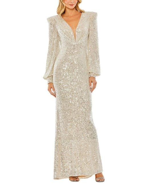 Mac Duggal Natural Sequined Plunge Neck Structured Bishop Sleeve Gown