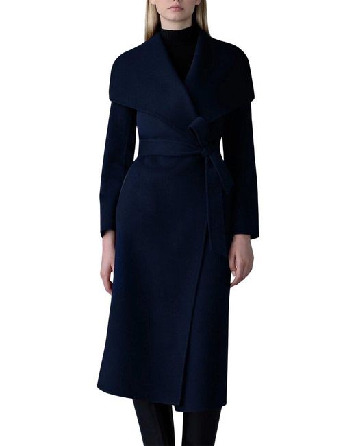 Mackage Blue Wool & Leather Wrap Coat