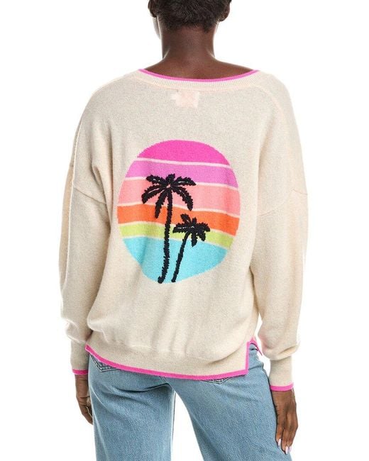 Brodie Cashmere White Malibu Sunset V-Neck Cashmere Sweater