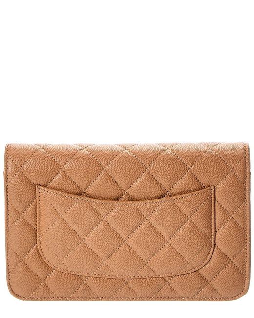 Chanel Brown Beige Quilted Caviar Leather Wallet On Chain (authentic Pre-loved)