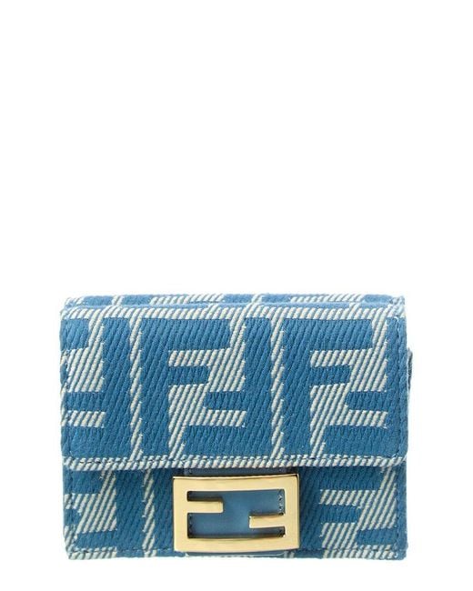 Fendi Blue Baguette Ff Micro Trifold Jacquard & Leather Wallet