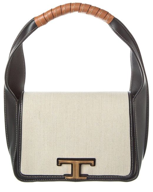 Tod's White T Logo Canvas & Leather Shoulder Bag