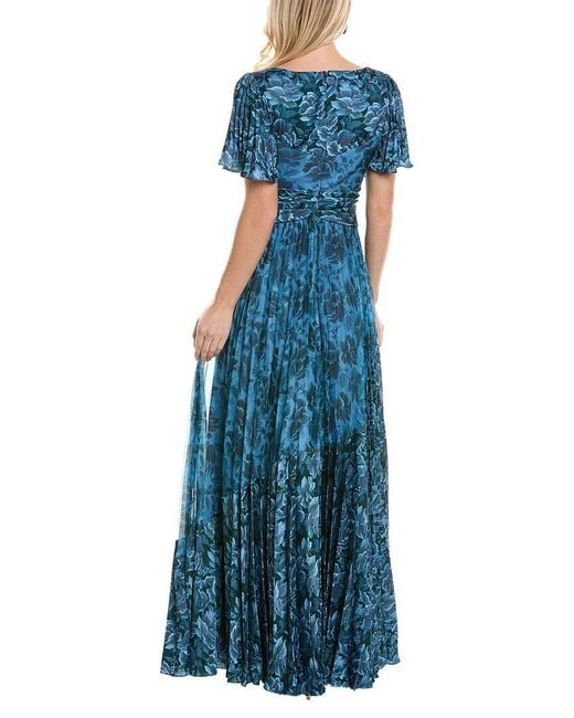 THEIA Blue Satin & Chiffon Pleated A-line Gown