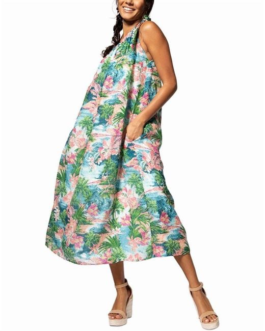 Tori Richard Blue Stella Off Shoulder Dress