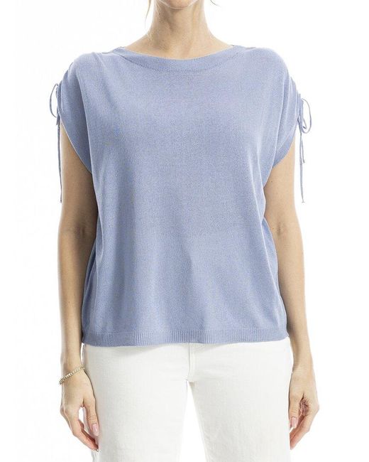 Max Studio Blue Drawstring Sleeve Linen-Blend Top