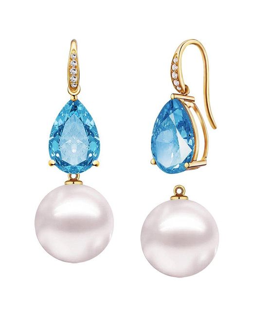 Kai Fine Jewelry Blue 14K 7.05 Ct. Tw. Diamond & Topaz & 12-13Mm Pearl Drop Earrings