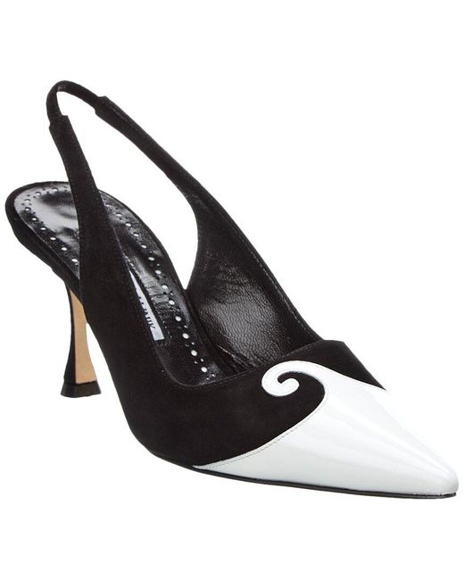Manolo Blahnik White Zaborus 70 Leather & Suede Slingback Pump