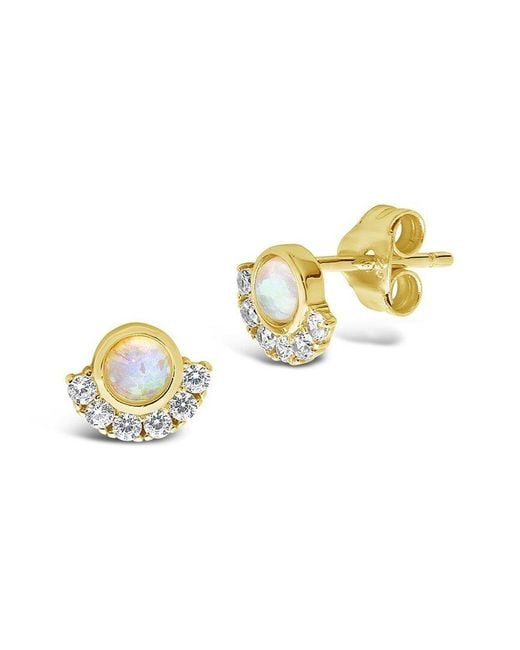 Sterling Forever Metallic 14k Over Silver Cz Half Halo Opal Studs