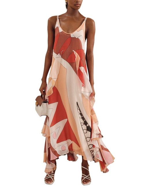 Reiss Red Petite Sasha Printed Ruffle Trim Maxi Dress