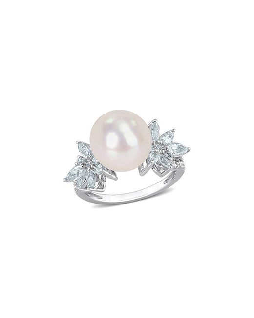 Rina Limor White Silver 1.30 Ct. Tw. Diamond & Aquamarine 11-12mm Pearl Flower Ring
