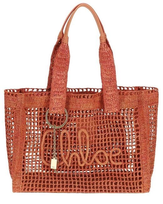 Chloé Red Tote East-West Summer Banana Clay Raffia Tote Bag
