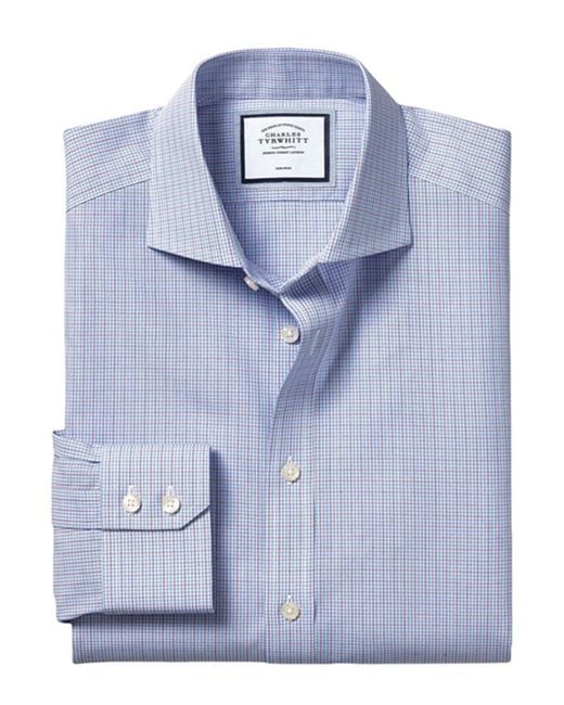 Charles Tyrwhitt Blue Non-iron Poplin Multi Check Slim Fit Shirt for men