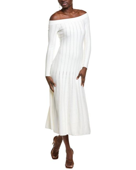 Lela Rose White Off-The-Shoulder Knit Midi Dress
