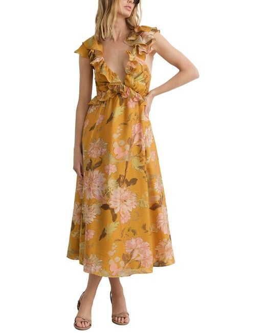 Reiss Metallic Lucy Floral Print Frill Trim Midi Dress