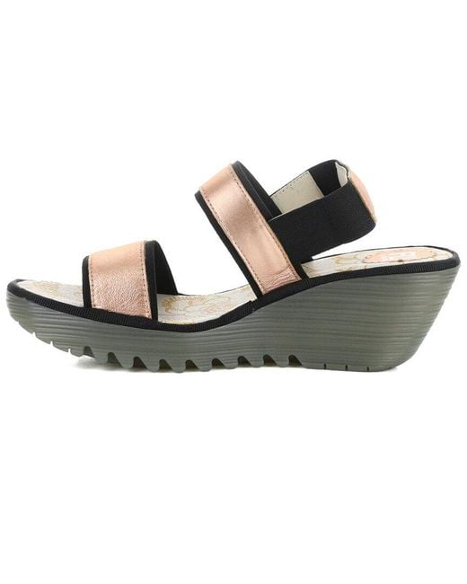 Fly London Black Yaco Leather Wedge Sandal