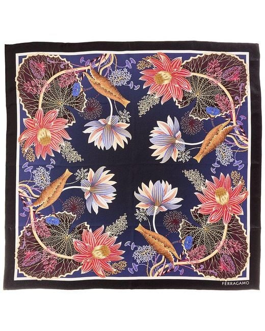 Ferragamo Blue Water Lilies Print Silk Scarf