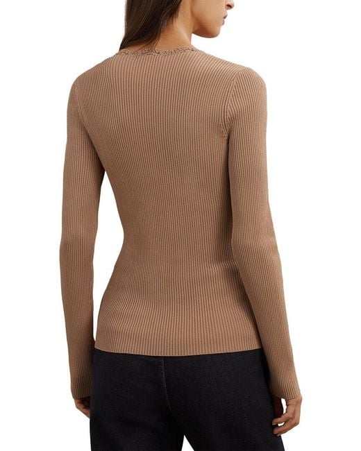 Reiss Black Lara Crochet Trim Rib Knit Top