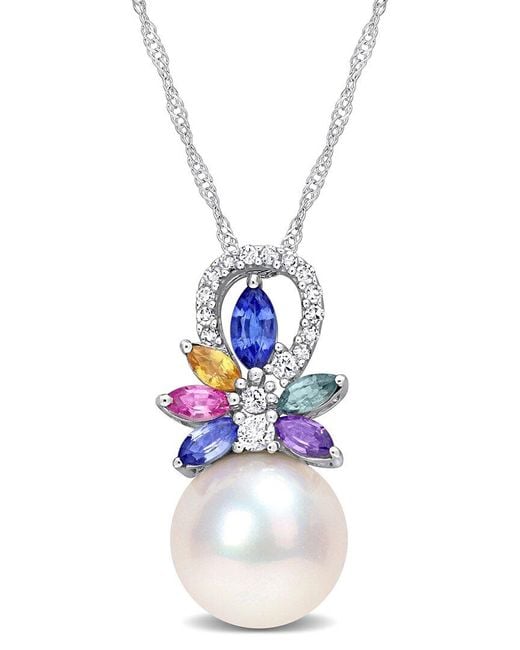 Rina Limor Multicolor 14k 0.92 Ct. Tw. Diamond & Sapphire 9.5-10mm Pearl Flower Pendant Necklace