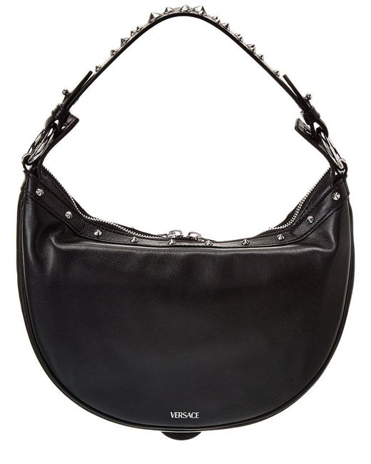 Versace Black Repeat Small Leather Hobo Bag